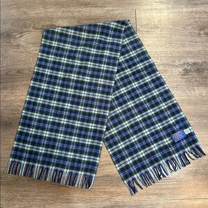 Pendleton Unisex Wool Scarf Plaid Blue Ivory Vintage Fringe Made in USA Cozy